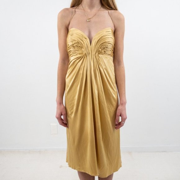 Anthropologie Dresses & Skirts - Anthro Y2K XS Silk Ruched Goddess Mini Dress Gold